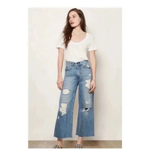 Habitual Poplor Blue  High-Waist Y2K Wide Leg Crop Jeans Distressed Raw Hem SZ 2 - Picture 6 of 11